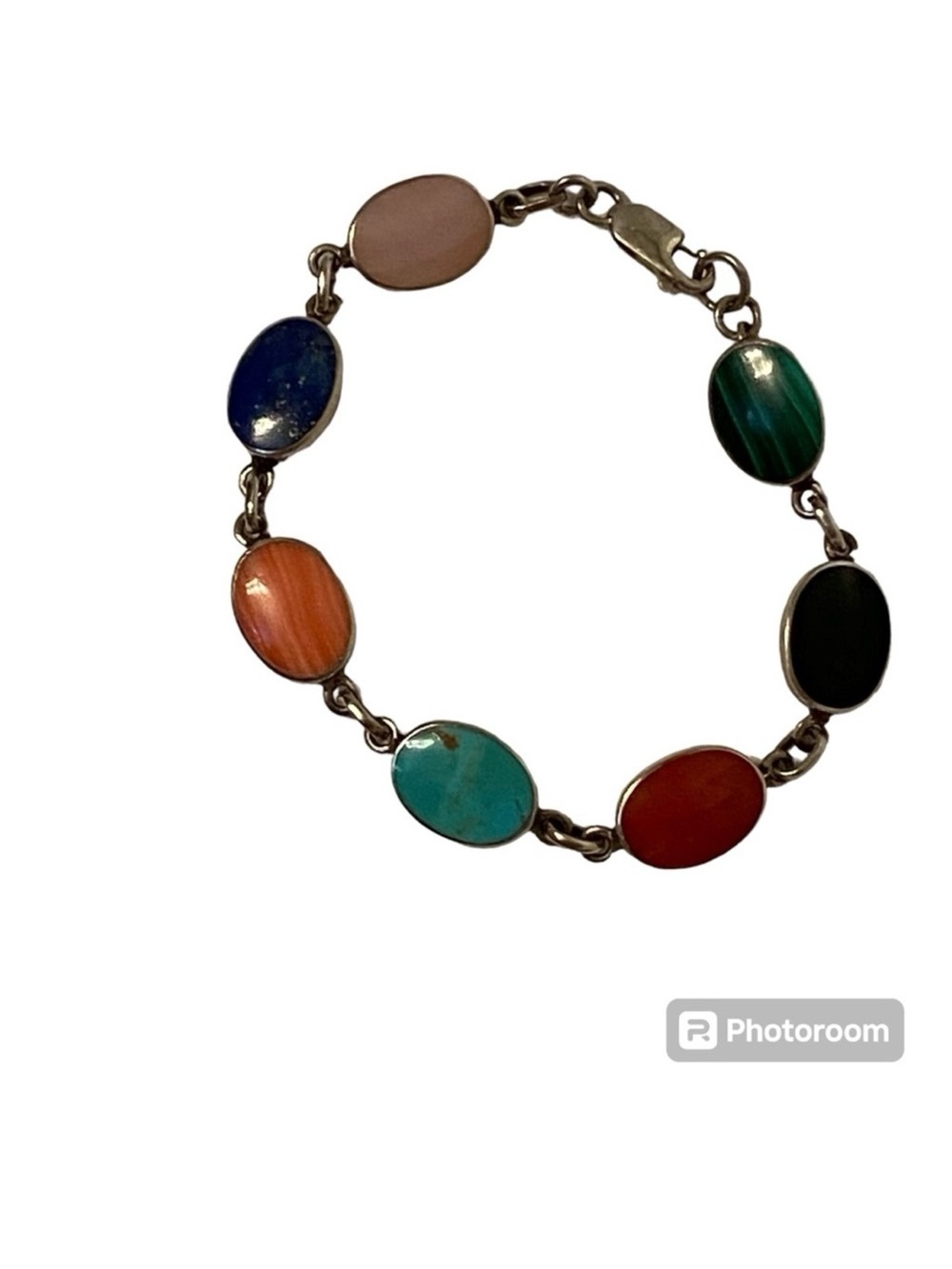 BOMA SIGNED BRACELET STERLING SILVER 925 7 OVAL STONE LINKS VINTAGE 7” 9.7 g